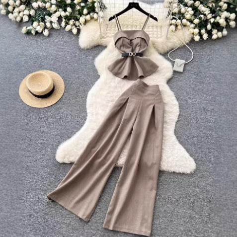 Minimalist Commute Set for Women, High-End Strapless Fitted Vest with High-Waisted Wide-Leg Pants Two-Piece Outfit