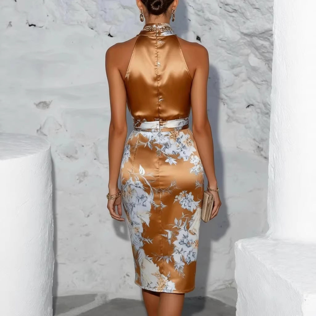 Elegant Chiffon Print Halter Neck Dress Formal Evening Gown