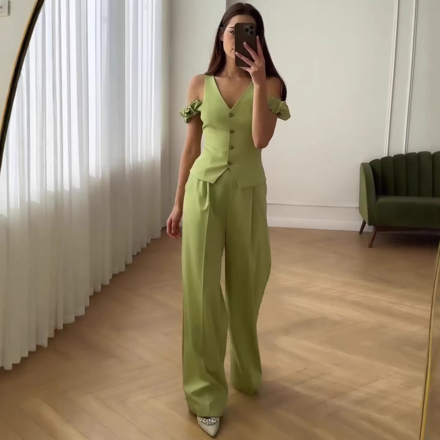 Women's Summer High-Waisted Casual Commute Fashion Solid Color Short Sleeve Two-Piece Set Pants