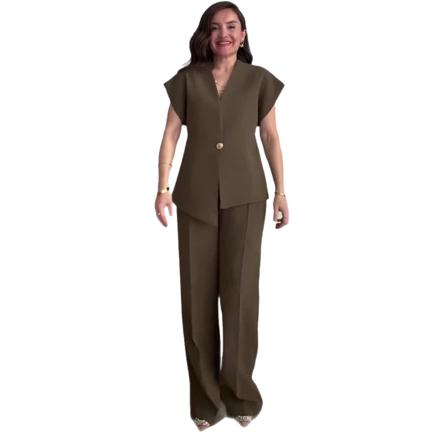 Elegant Suit Irregular Women's High-Waisted Spring Pants Set V-Neck Top New Design