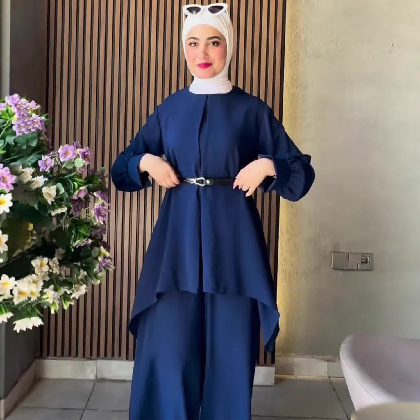 ComfortableCasual Autumn Solid Color Waist-Cinching Long Sleeve Batwing Top Set