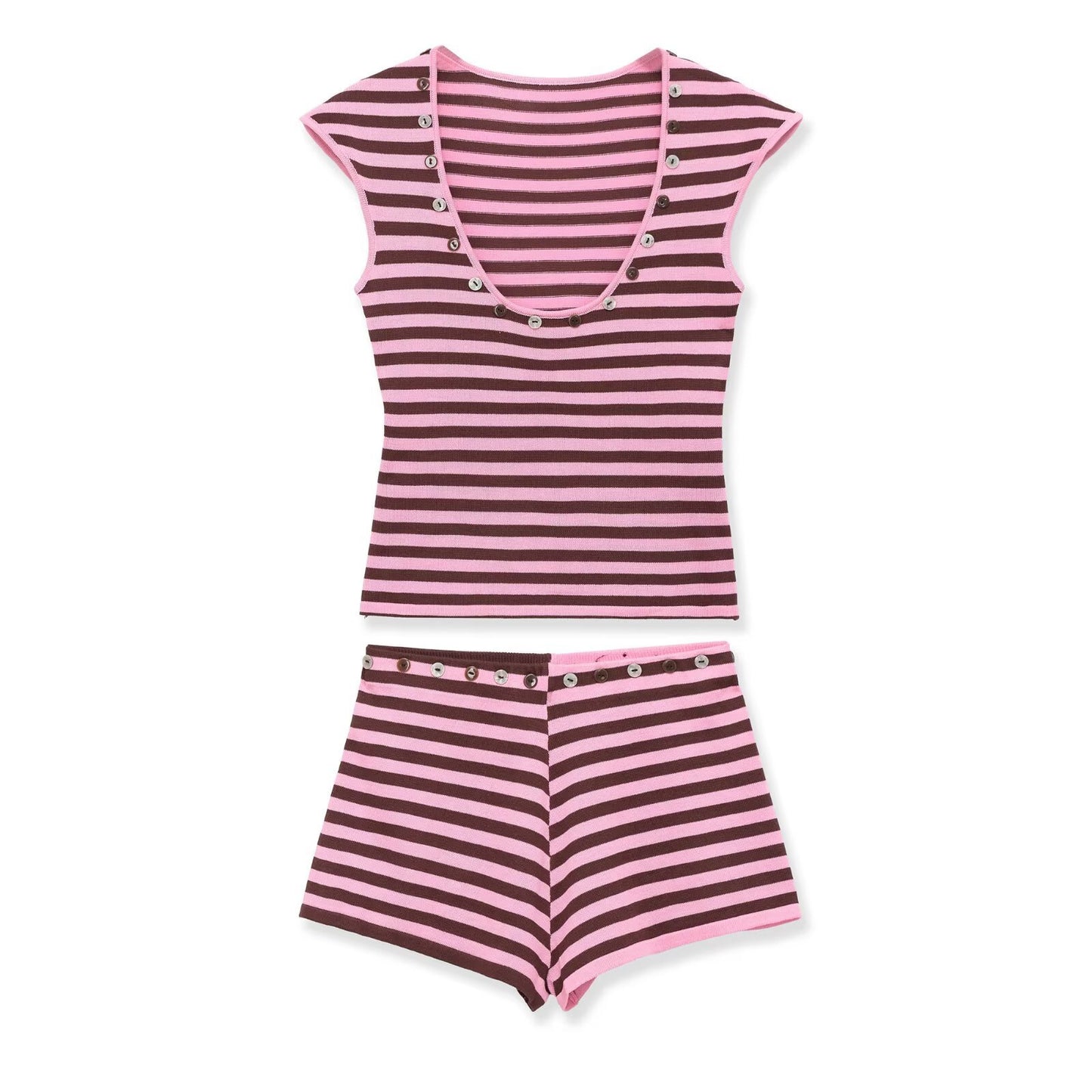 Striped breasted top+mini skirt set