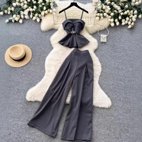 Minimalist Commute Set for Women, High-End Strapless Fitted Vest with High-Waisted Wide-Leg Pants Two-Piece Outfit