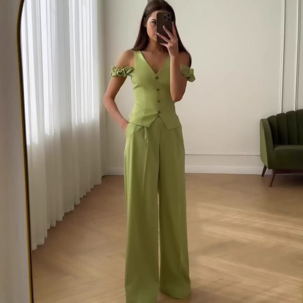Women's Summer High-Waisted Casual Commute Fashion Solid Color Short Sleeve Two-Piece Set Pants