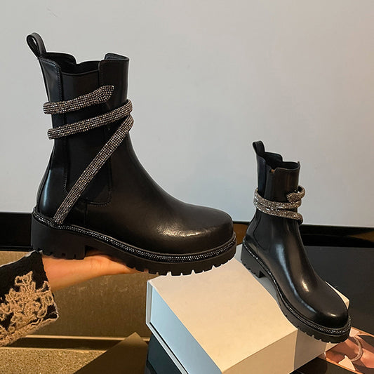 Innen Martin Stiefel Damen Dick Sohlige Frühling Und Herbst Schornstein Chelsea Stiefeletten Schwarz Britischer Stil Einzelstiefel