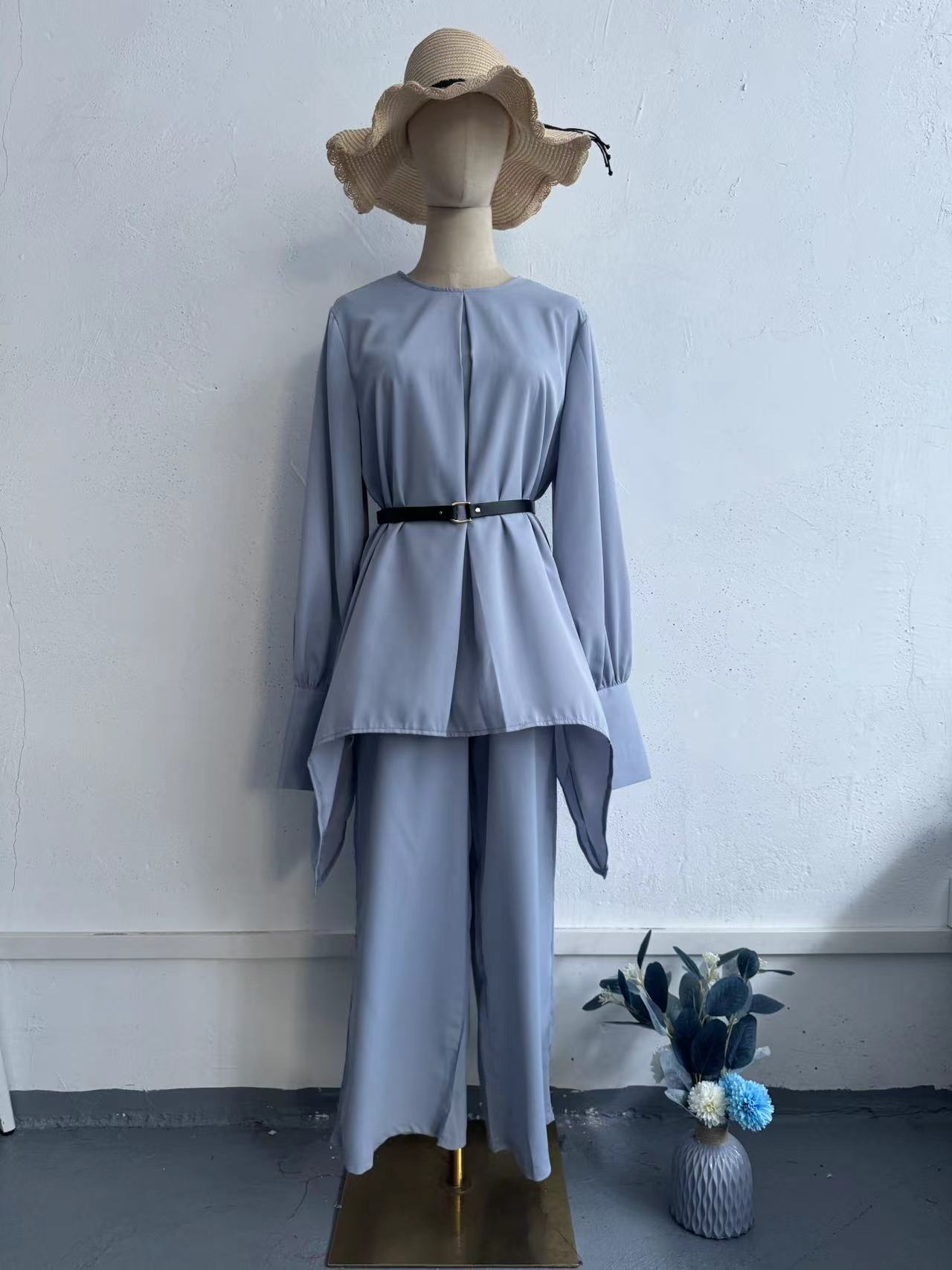 ComfortableCasual Autumn Solid Color Waist-Cinching Long Sleeve Batwing Top Set