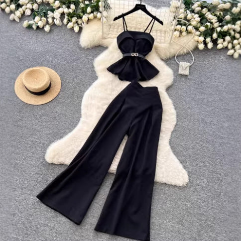 Minimalist Commute Set for Women, High-End Strapless Fitted Vest with High-Waisted Wide-Leg Pants Two-Piece Outfit