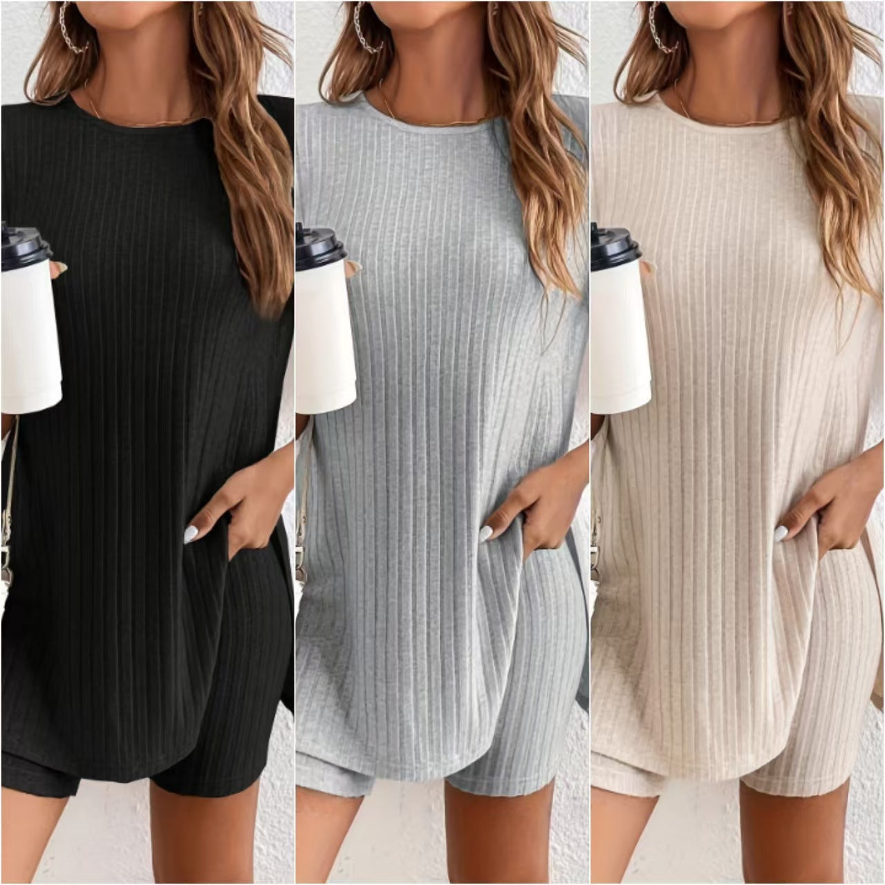 Women's Spring New Pure Color Fashion Casual Round Neck Split Sleepwear Short Sleeve Shorts Set