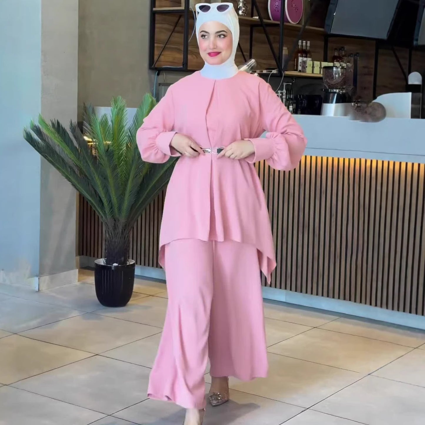 ComfortableCasual Autumn Solid Color Waist-Cinching Long Sleeve Batwing Top Set