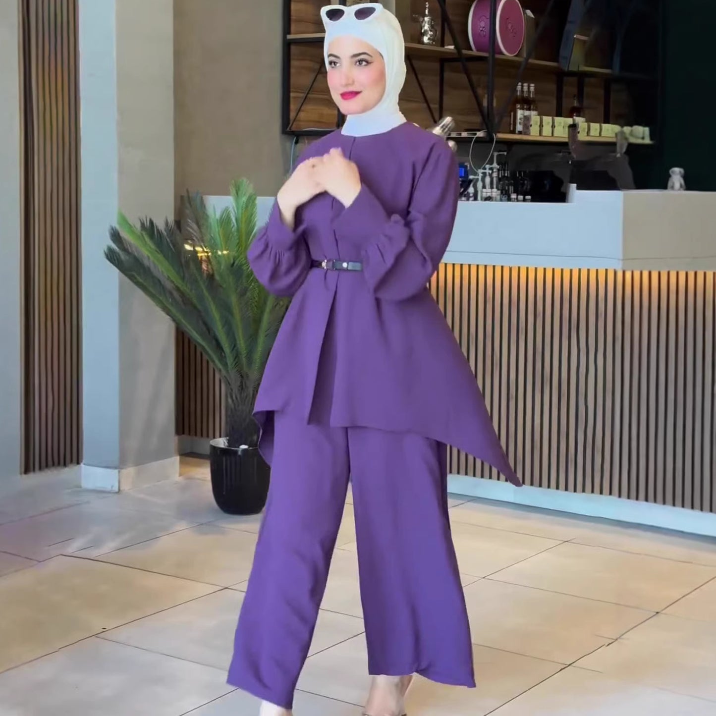 ComfortableCasual Autumn Solid Color Waist-Cinching Long Sleeve Batwing Top Set
